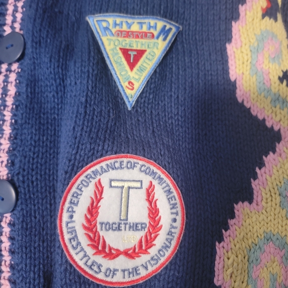 Vintage Sweater Cardigan Oversized Bohemian Colligate Style Blue Pink Yellow M - Picture 10 of 12